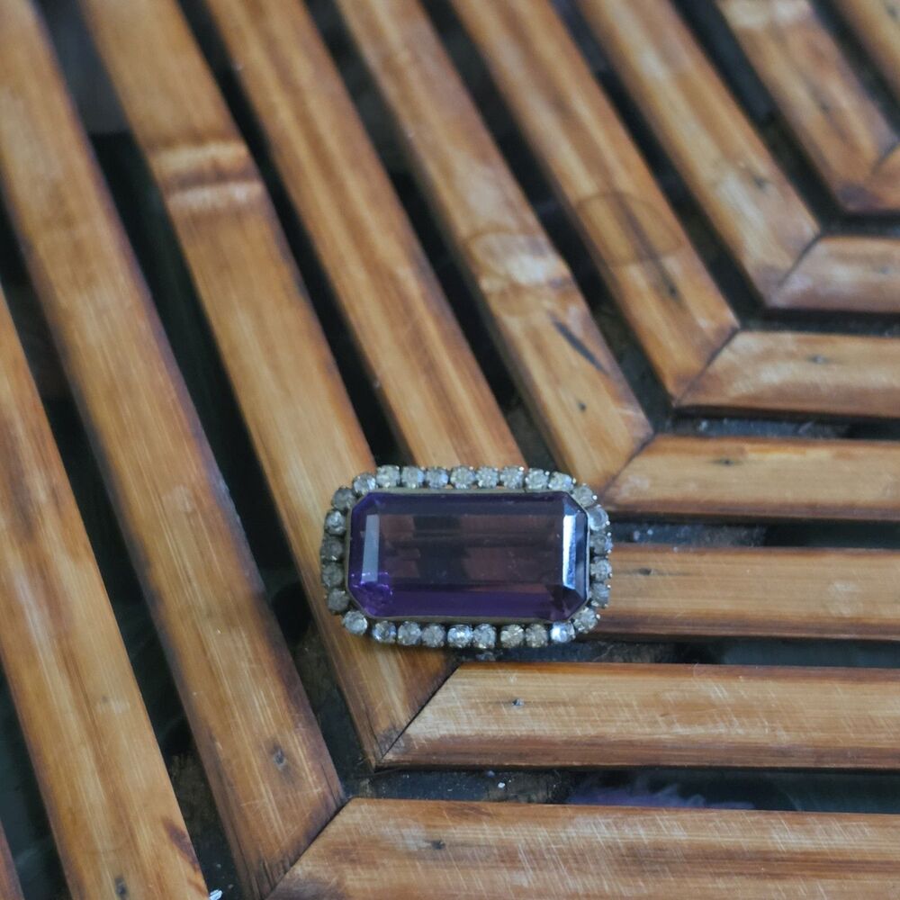 Vtg 1950s Large Amethyst Art Glass & Rhinestone Statement Brooch Pin Emerald Cut - Picture 2 of 8